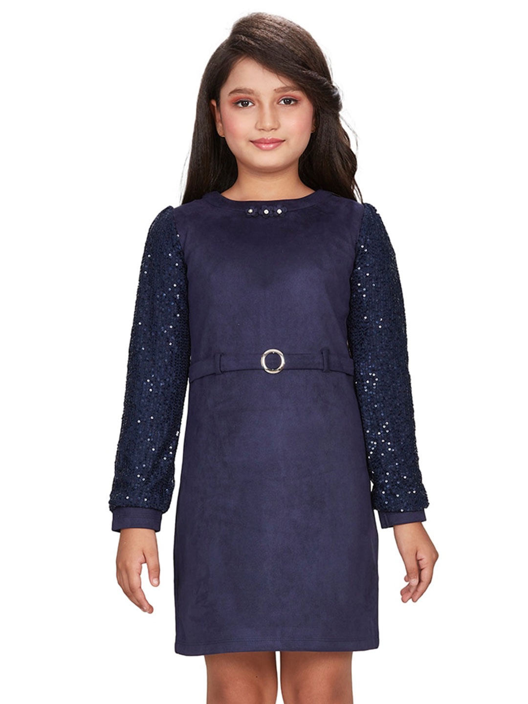 

Peppermint Girls Sequin Embellished Puff Sleeve Sheath Dress, Navy blue