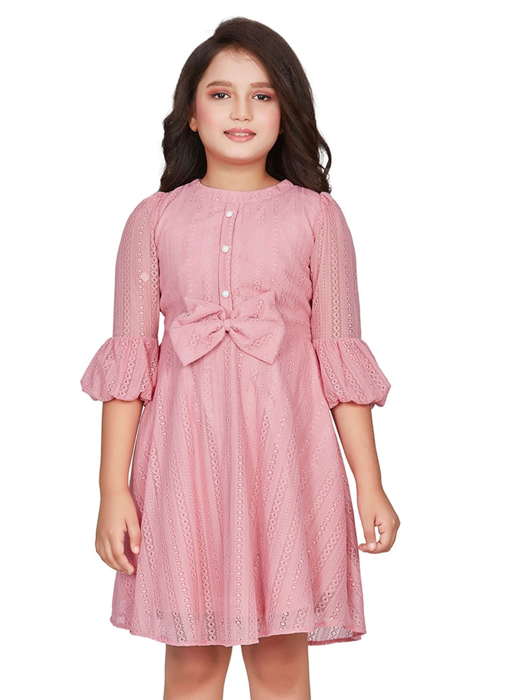 

Peppermint Girls Self Design Net Fit & Flare Dress, Pink