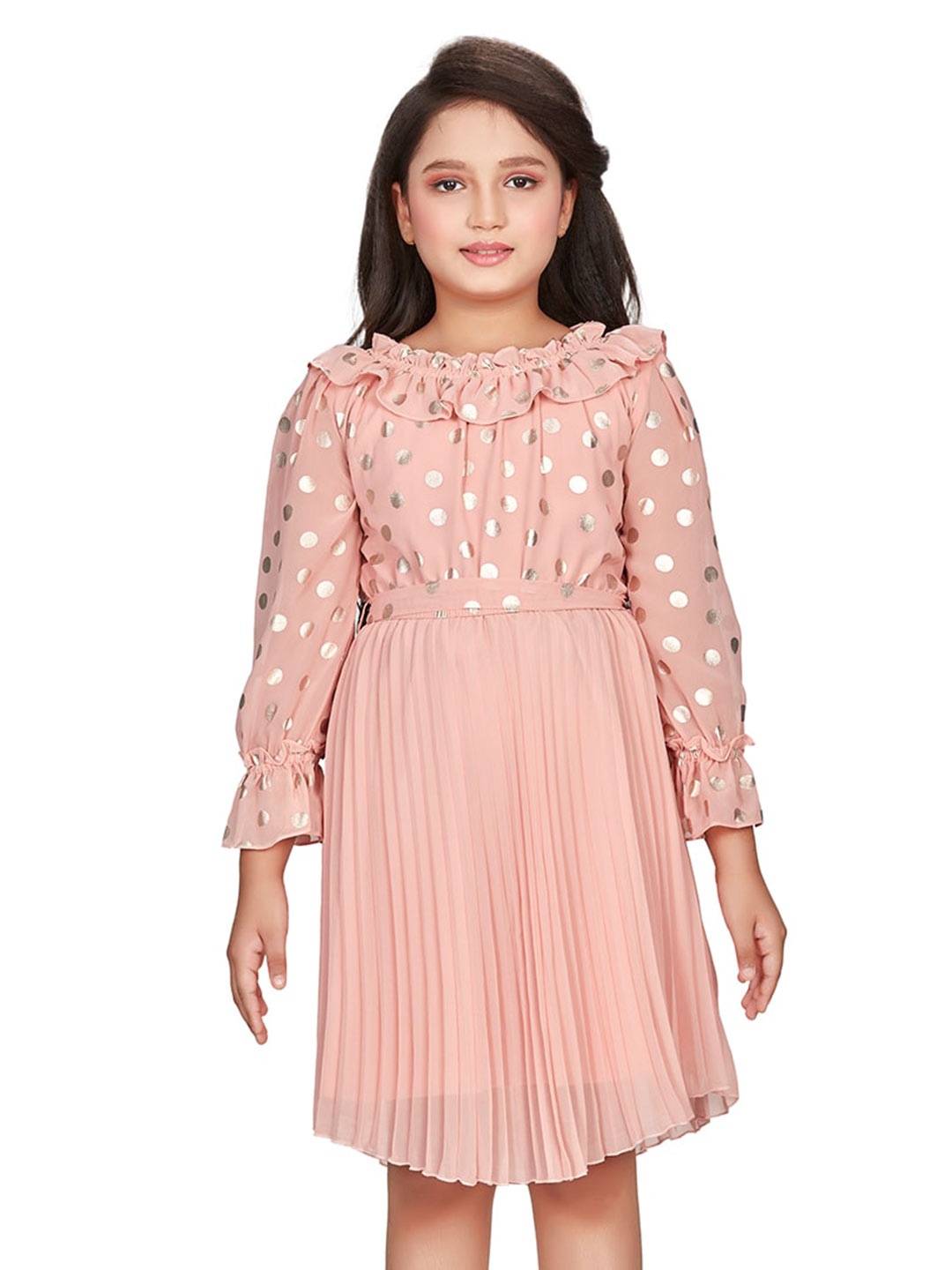 

Peppermint Polka Dots Printed Satin Fit & Flare Dress, Peach