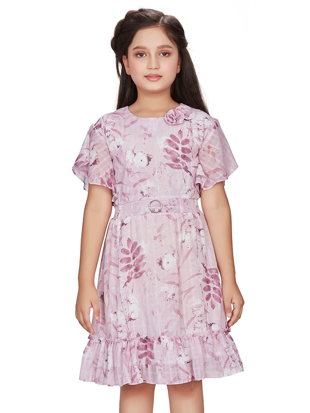 

Peppermint Floral Printed Flared Sleeve Satin Fit & Flare Dress, Pink