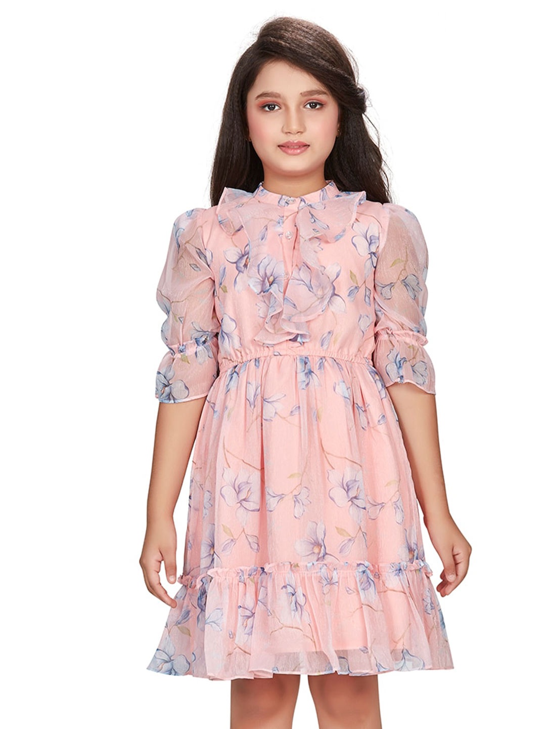 

Peppermint Girls Floral Printed Band Collar Satin Fit & Flare Dress, Peach