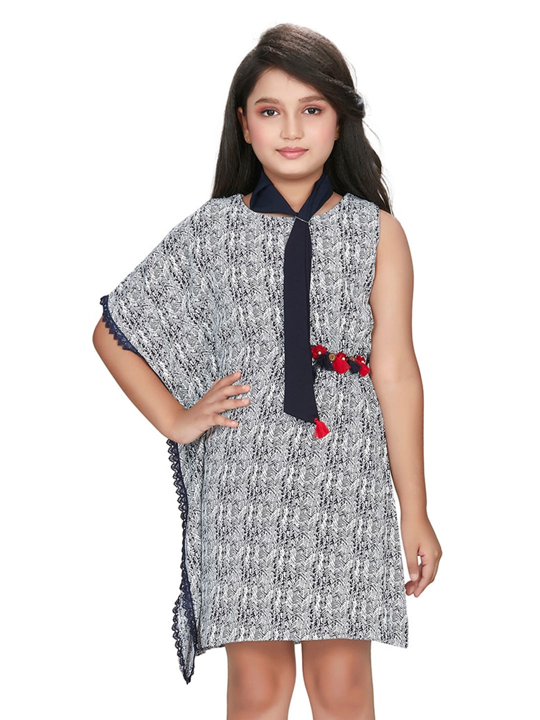 

Peppermint Girls Abstract Printed Kimono Sleeves Satin A-Line Dress, Navy blue