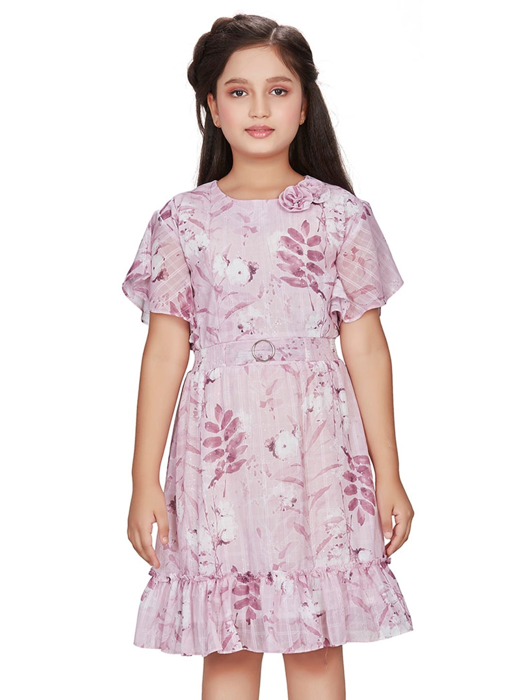 

Peppermint Girls Floral Printed Flutter Sleeve Fit & Flare Dress, Pink
