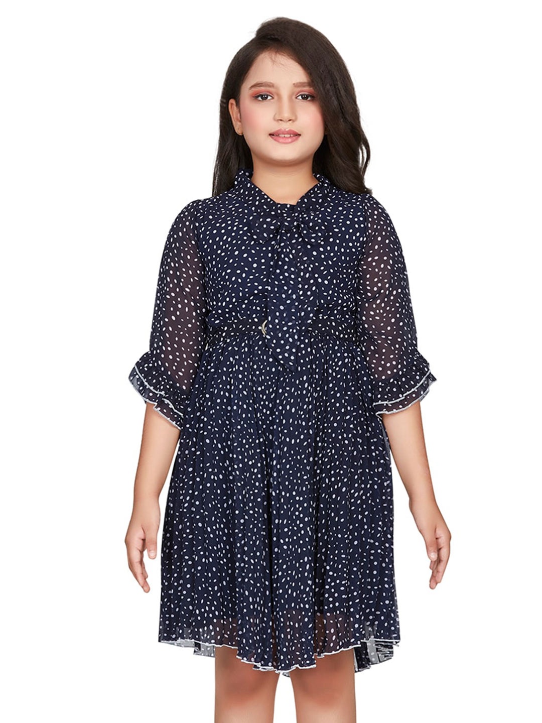 

Peppermint Girls Geometric Printed Bell Sleeve Fit & Flare Dress, Navy blue