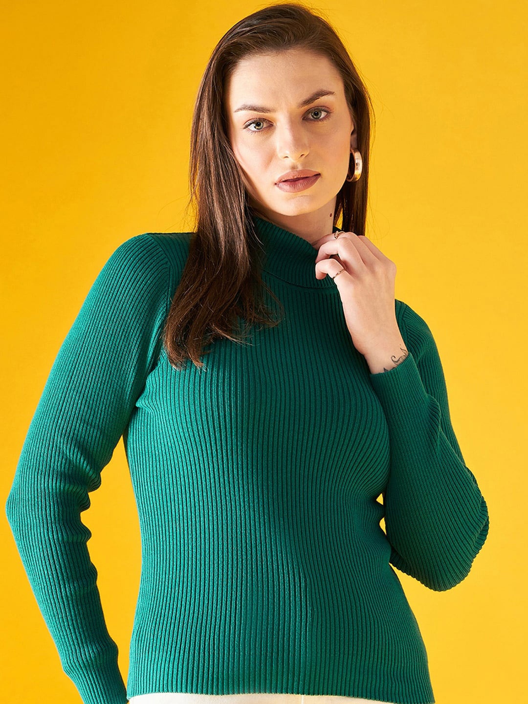 

98 Degree North Ribbed High Neck Cotton Pullover Sweater, Green