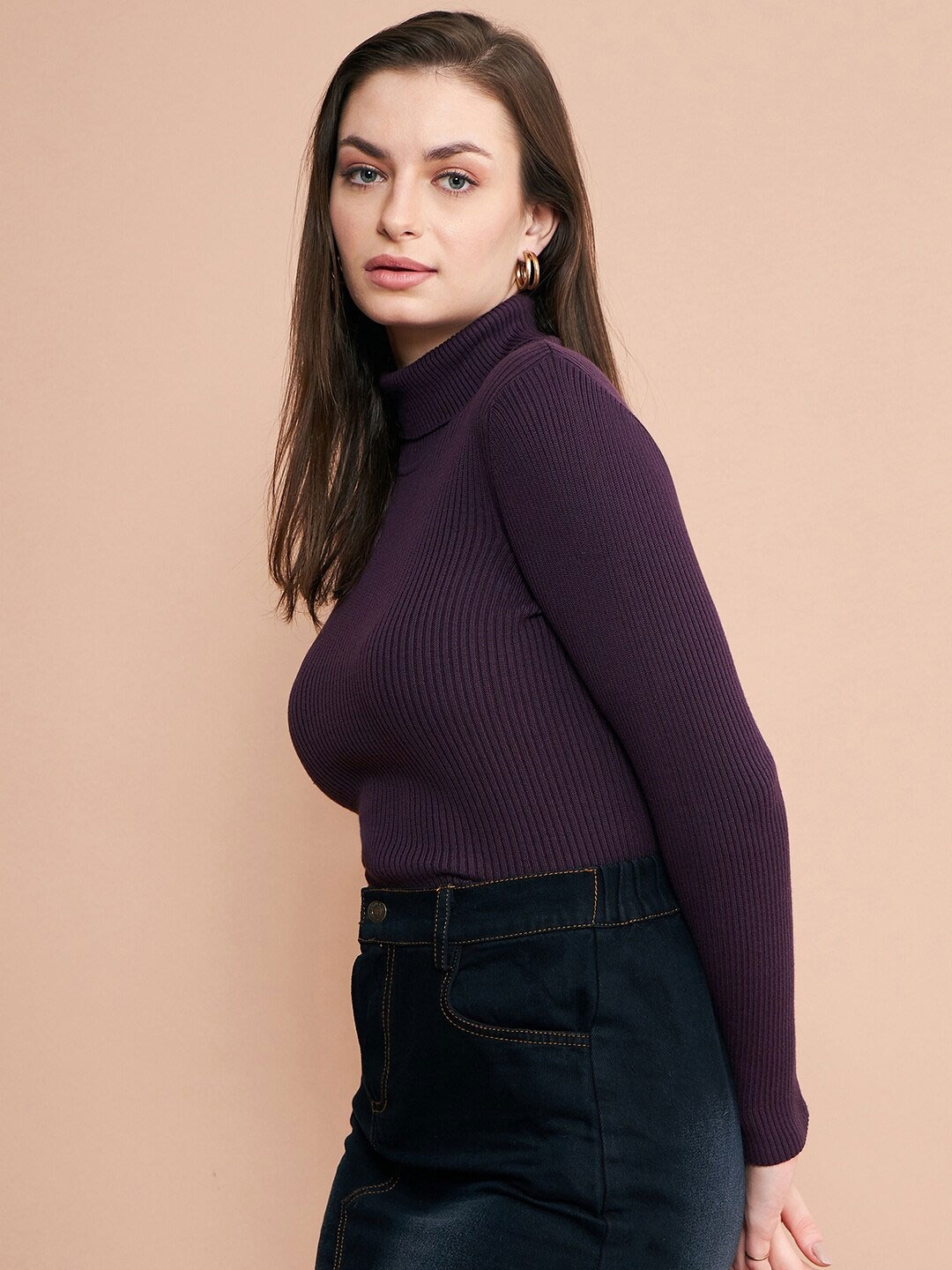 

98 Degree North Ribbed Turtle Neck Cotton Pullover, Purple