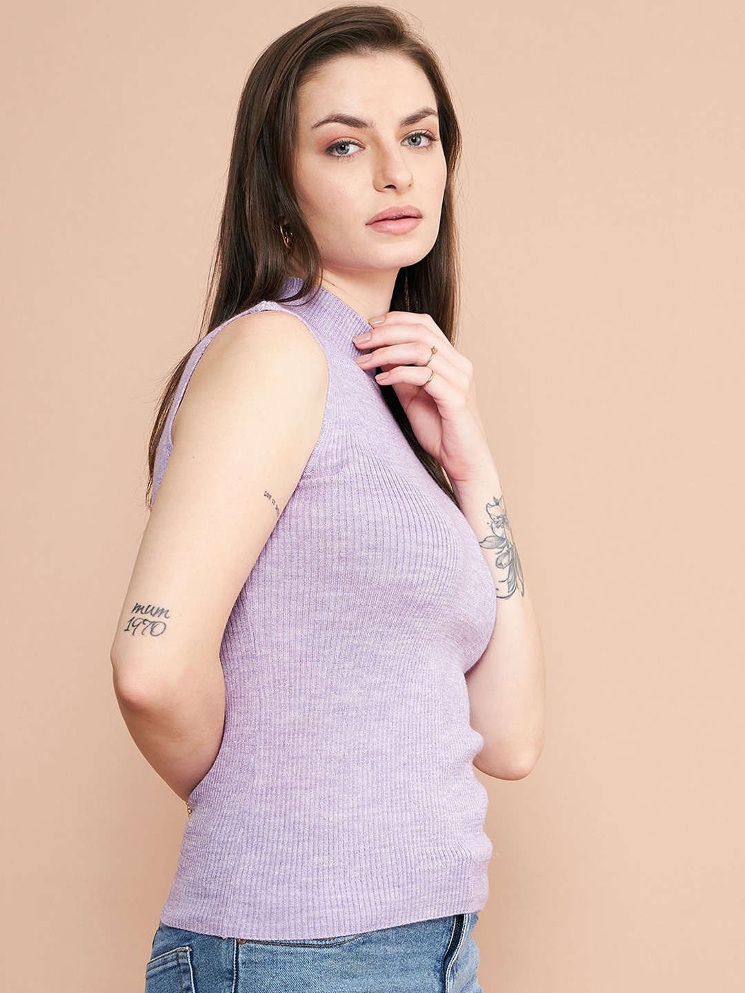 

98 Degree North Vertical Striped High Neck Woollen Fitted Top, Purple