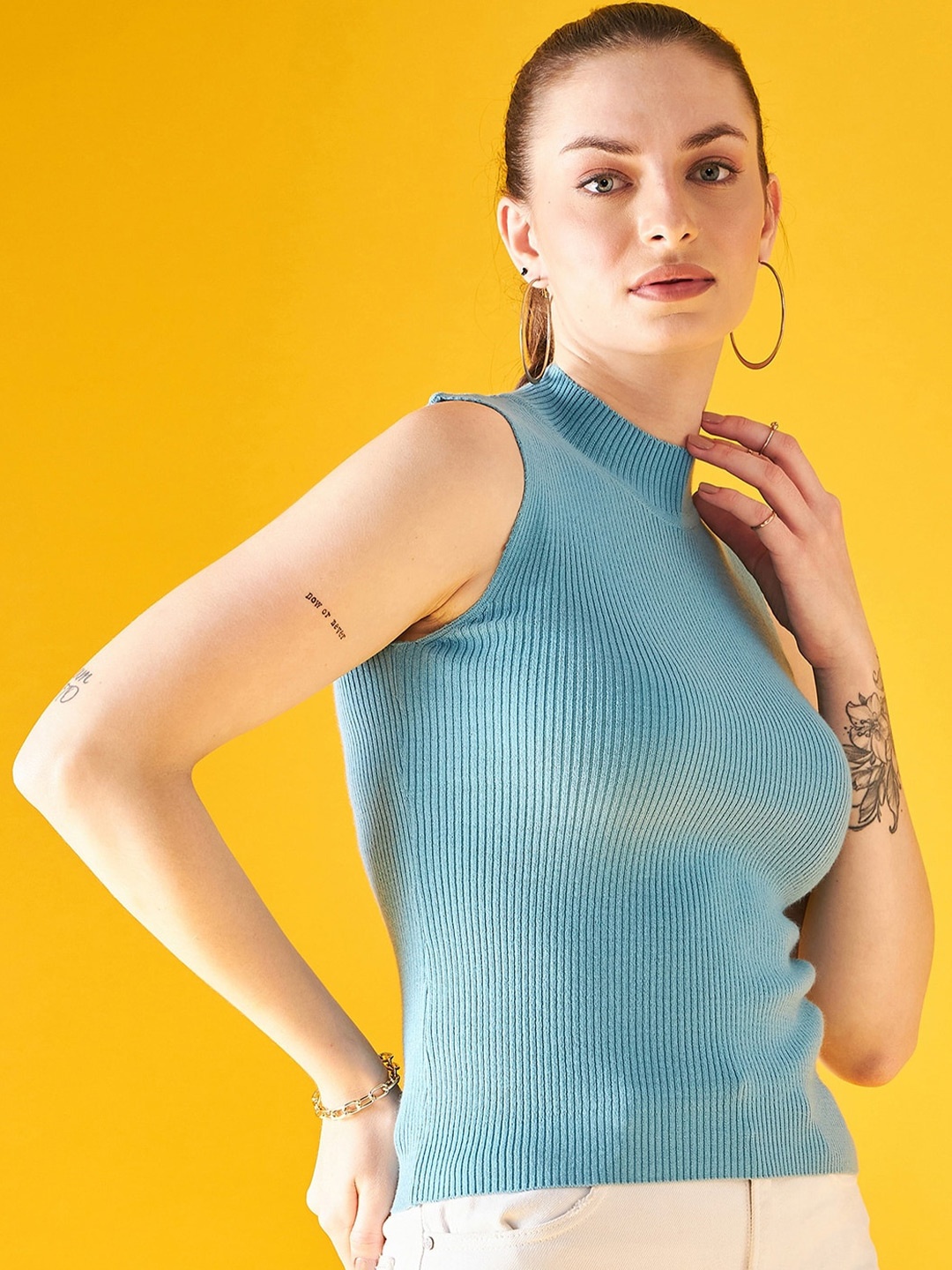 

98 Degree North Ribbed High Neck Woollen Fitted Top, Turquoise blue