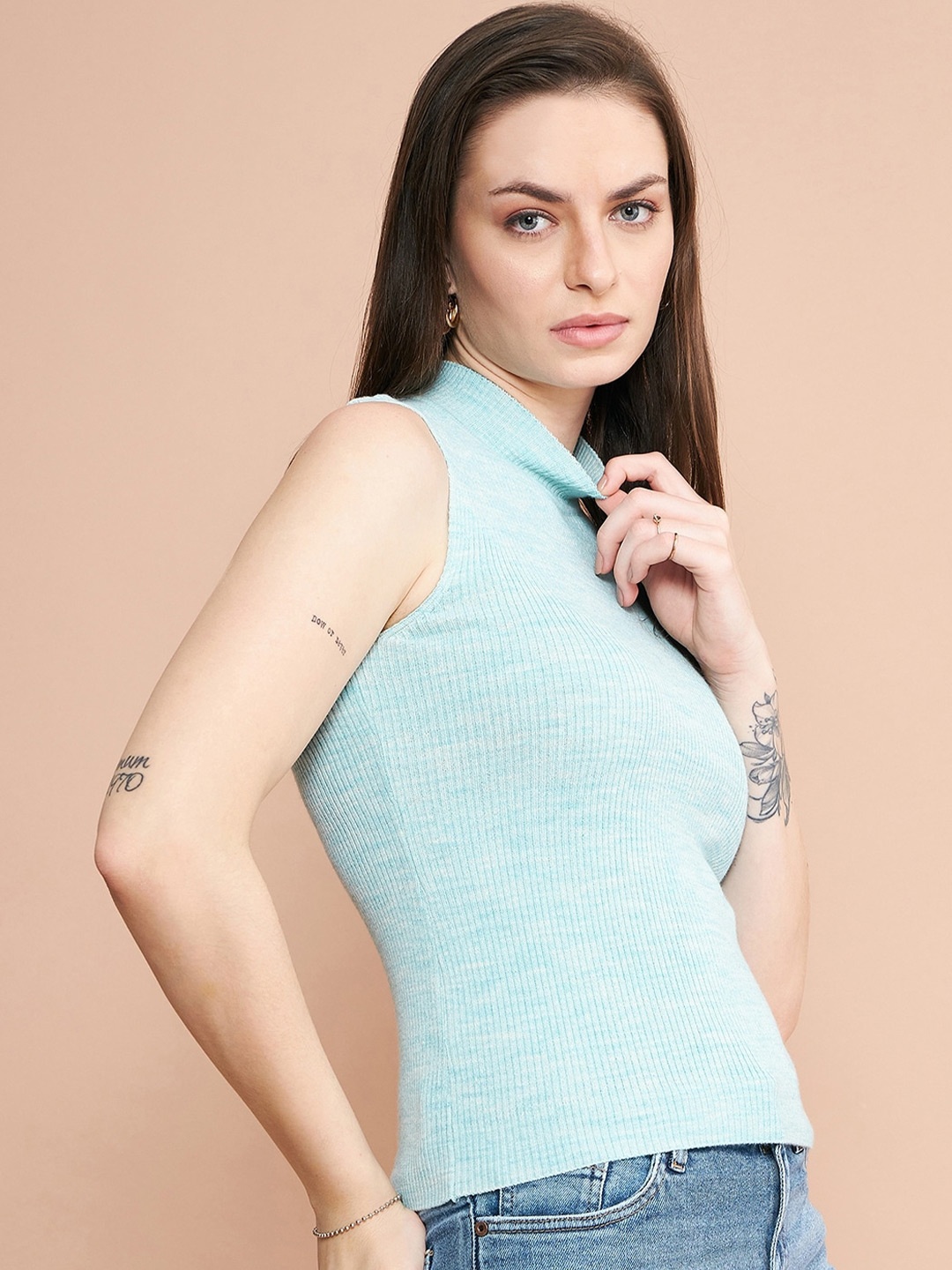 

98 Degree North Ribbed High Neck Woollen Fitted Top, Turquoise blue