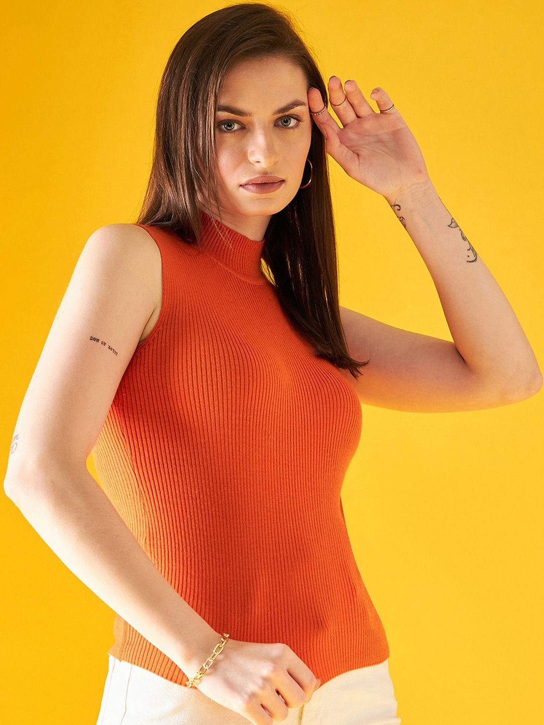 

98 Degree North Ribbed High Neck Woollen Fitted Top, Orange