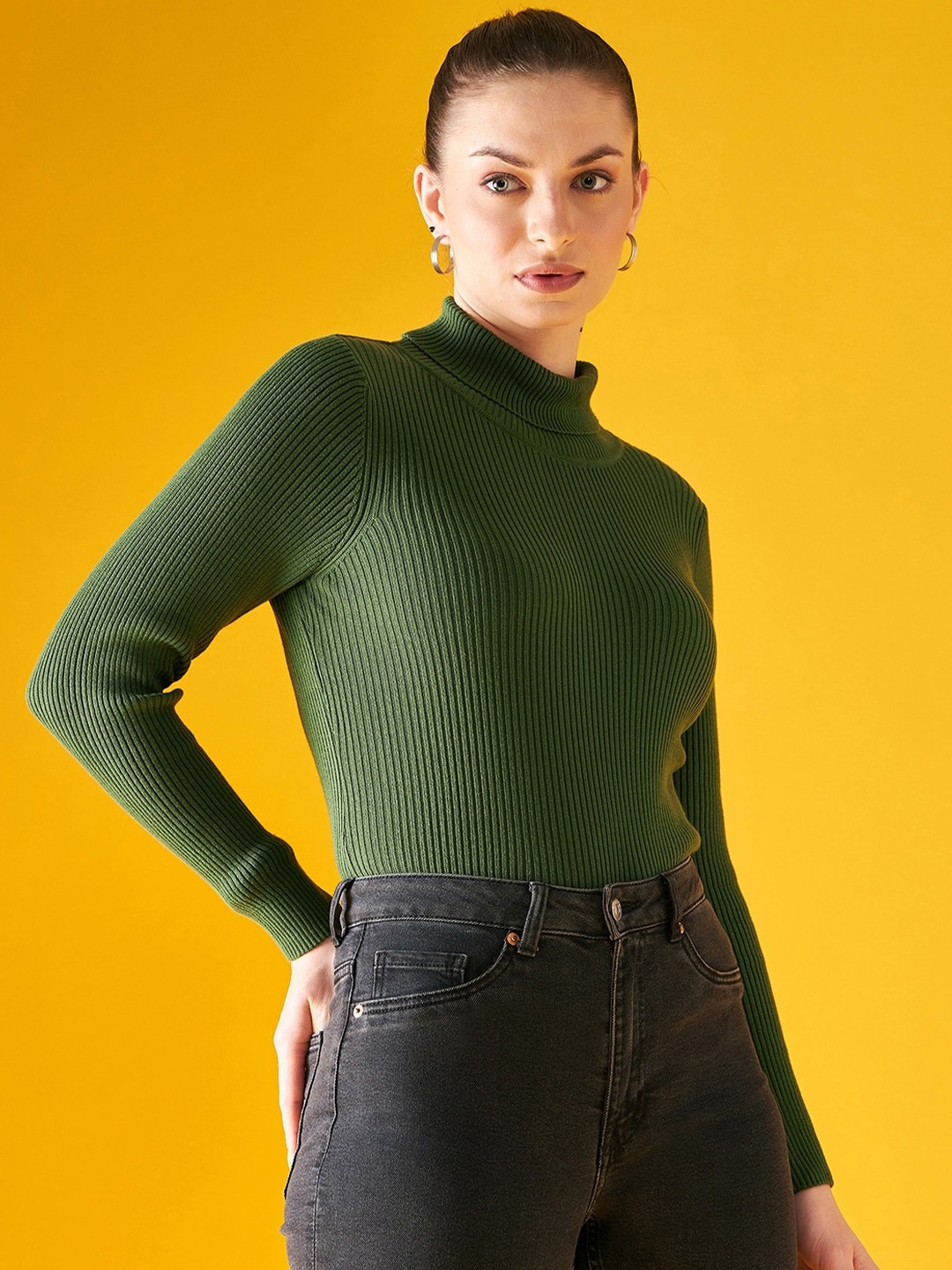 

98 Degree North Ribbed Turtle Neck Cotton Pullover, Green