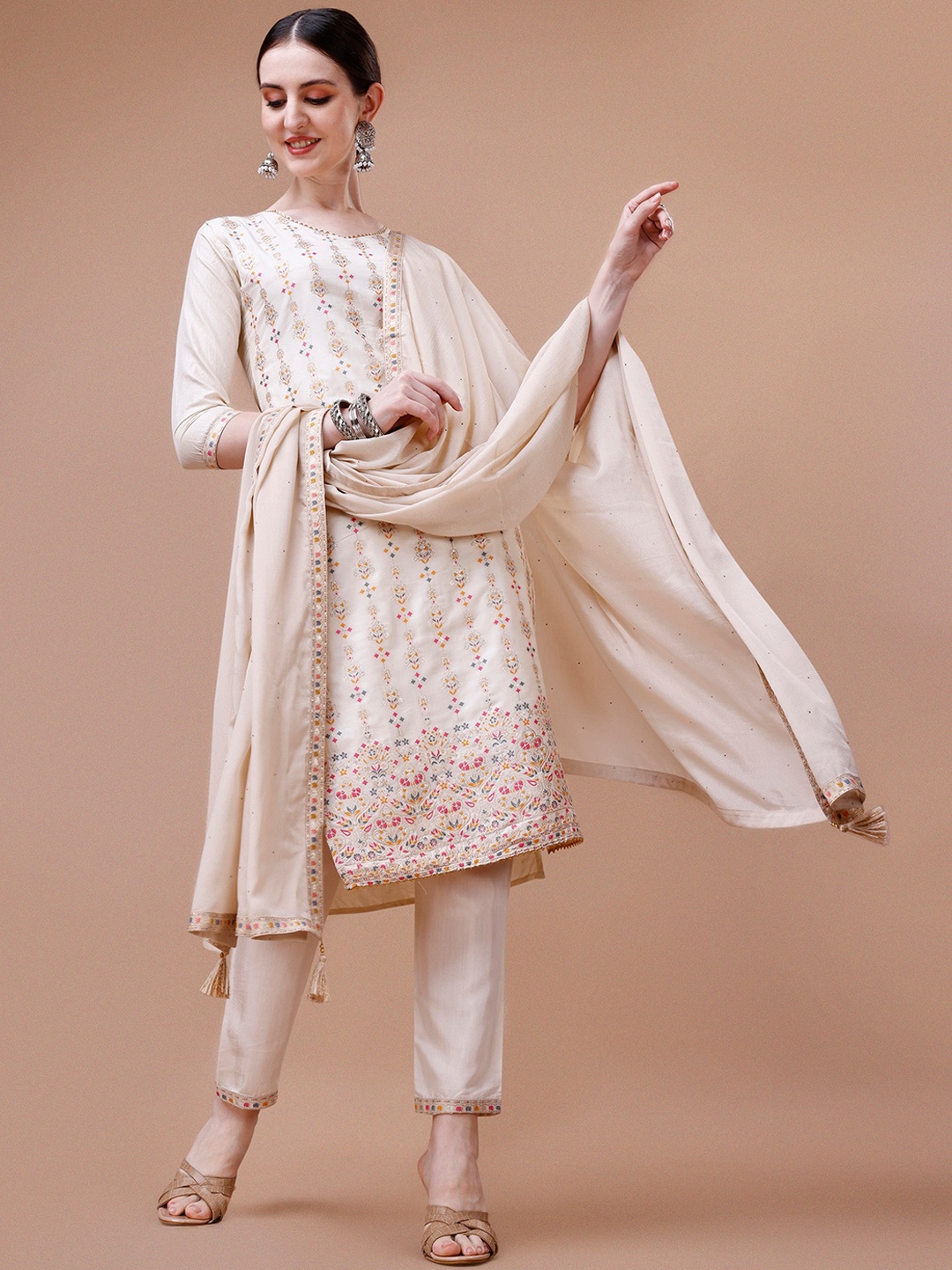 

KALINI Floral Woven Design Pure Silk Kurta with Trousers & Dupatta, Beige