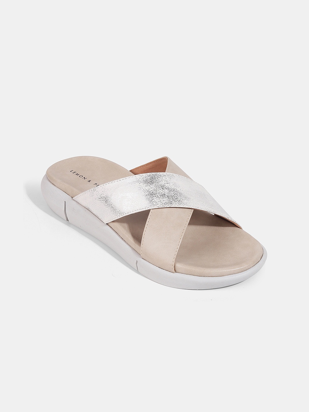

LEMON & PEPPER Textured Cross Strap Open Toe Flats, Cream