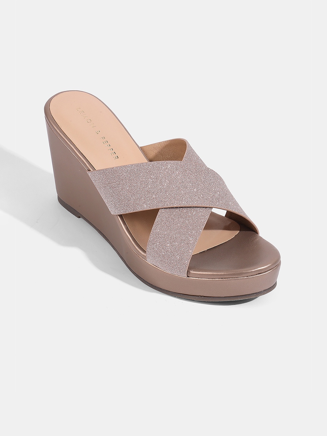 

LEMON & PEPPER Shimmer Cross Strap Wedges, Rose gold