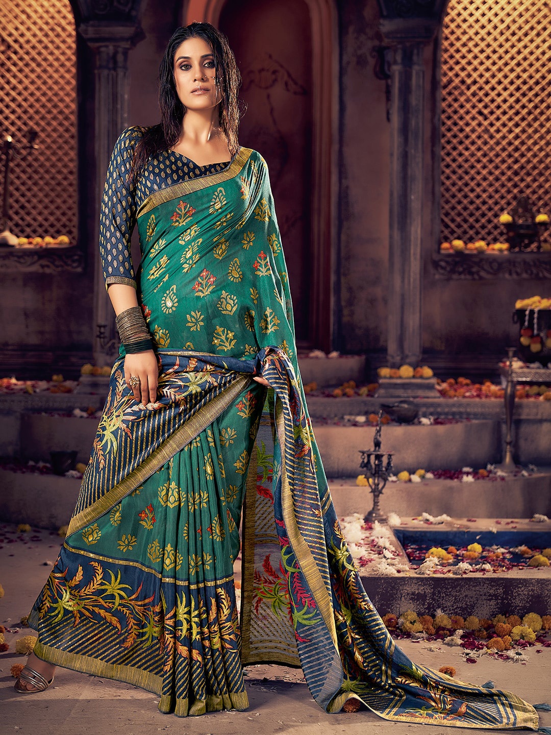 

SANSKAR Ethnic Motifs Printed Brasso Saree, Blue