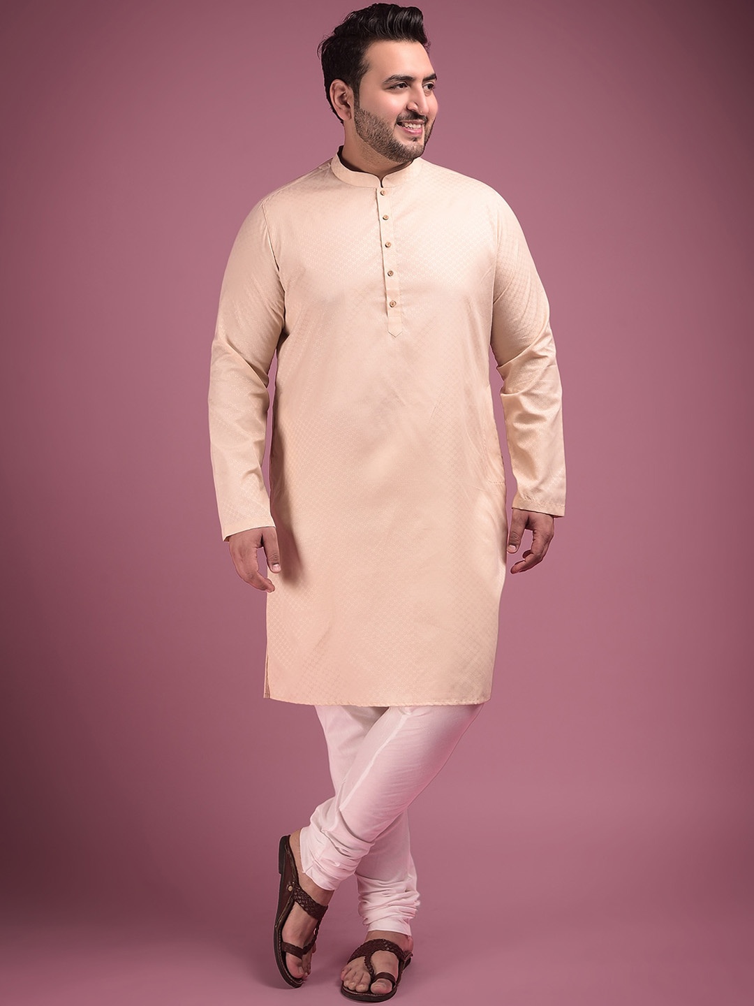 

Sztori Plus Size Woven Designed Mandarin Collar Jacquard Weave Regular Kurta Set, Cream