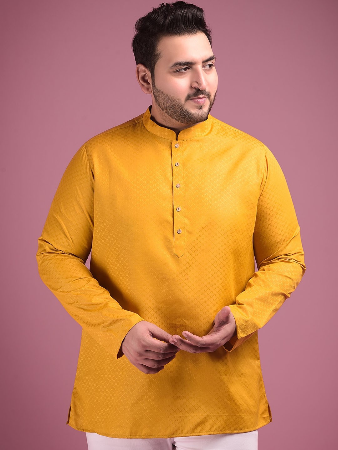 

Sztori Woven Design Mandarin Collar Jacquard Short Kurta, Yellow