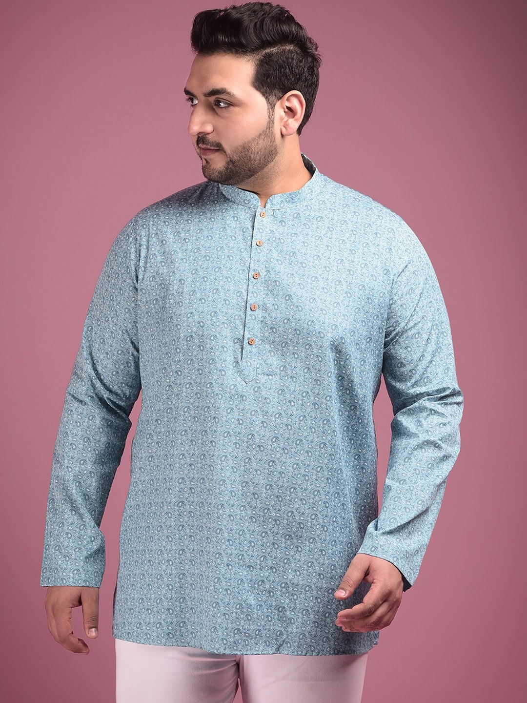 

Sztori Paisley Printed Mandarin Collar Cotton Short Kurta, Blue