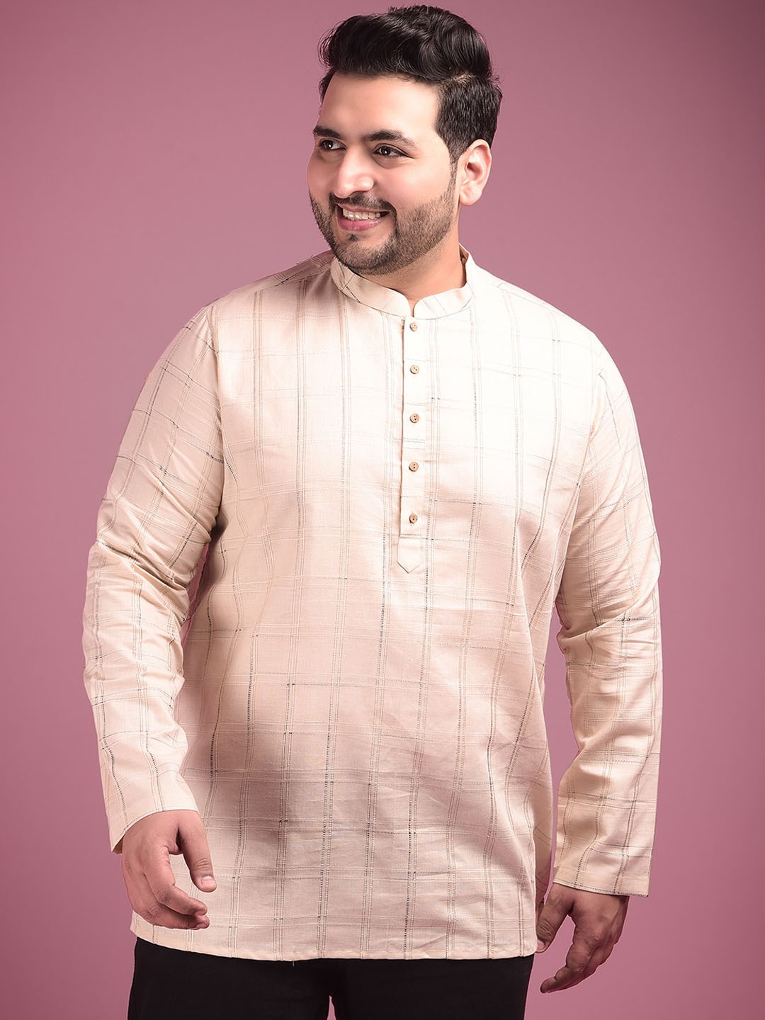 

Sztori Plus Size Checked Mandarin Collar Jacquard Kurta, Cream