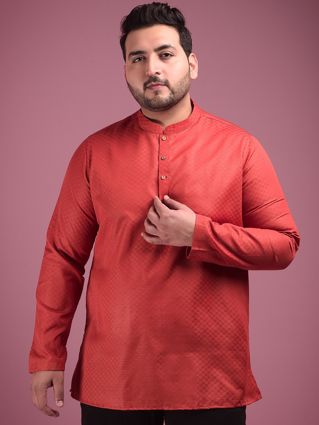 

Sztori Plus Size Woven Design Mandarin Collar Jacquard Kurta, Orange
