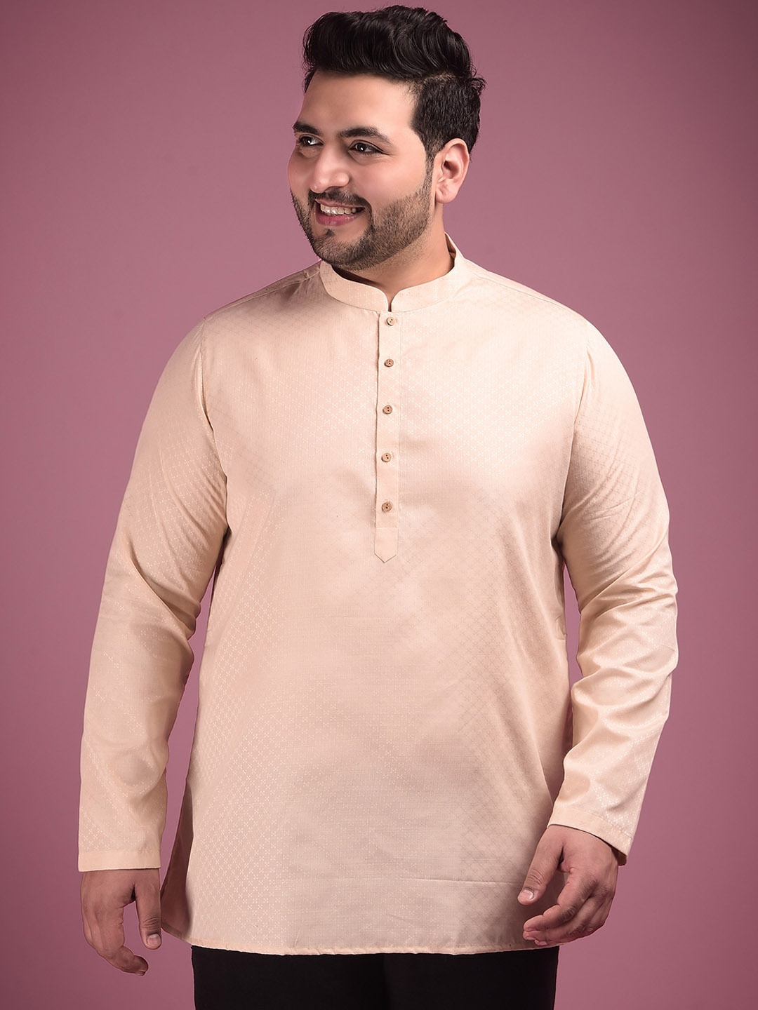 

Sztori Plus Size Woven Design Mandarin Collar Jacquard Kurta, Cream
