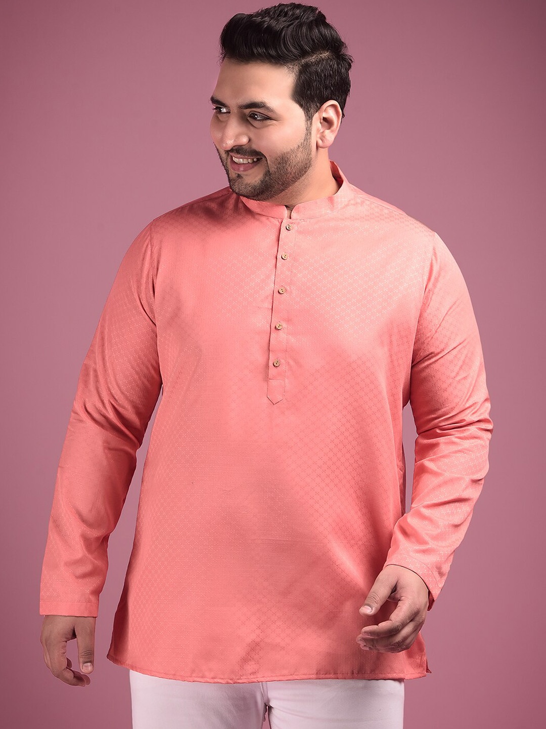 

Sztori Plus Size Woven Design Mandarin Collar Jacquard Kurta, Peach