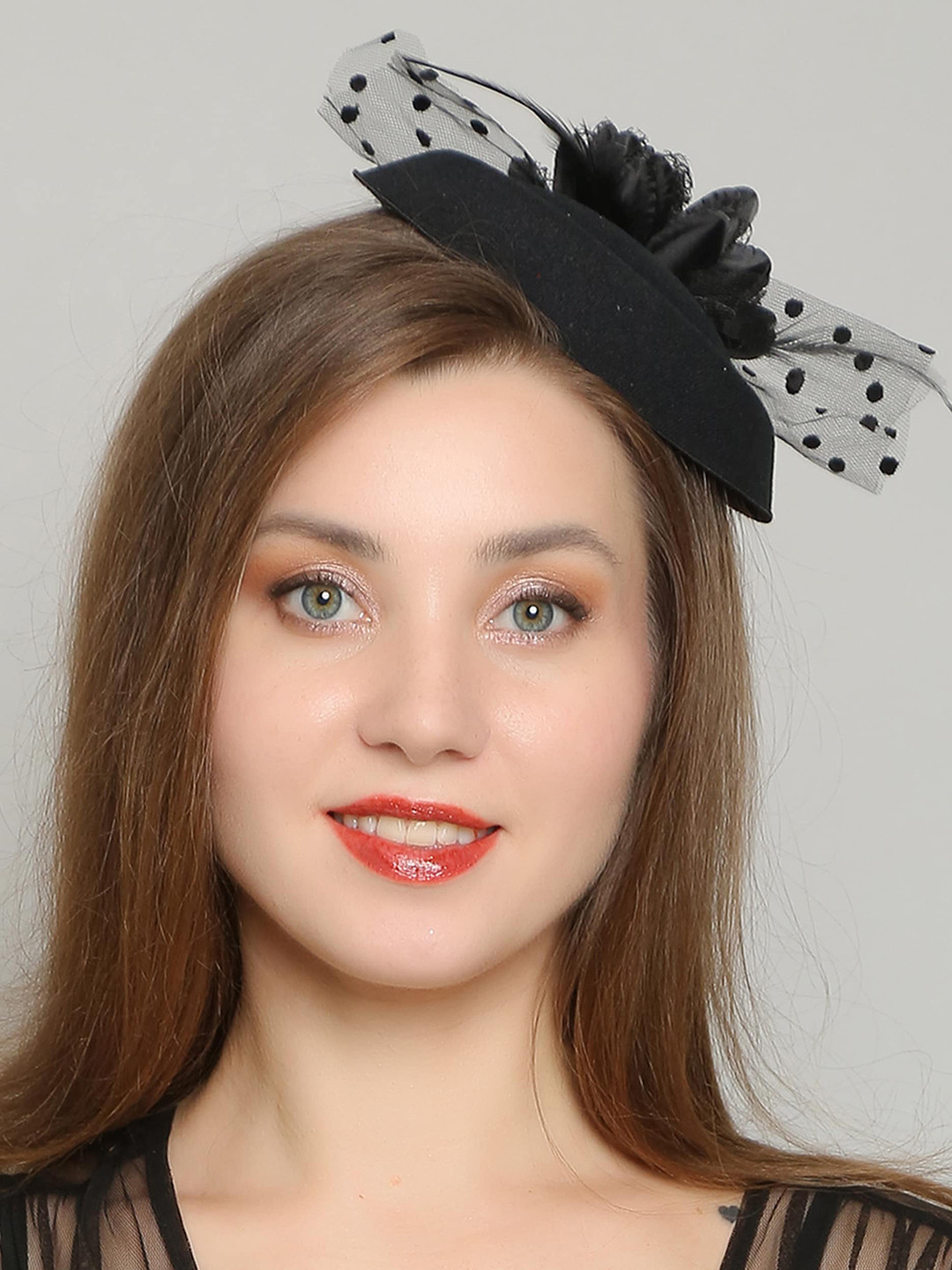 

COLOR STYLE Mesh Ribbons & Feather Detail Fedora Hat Headband, Black