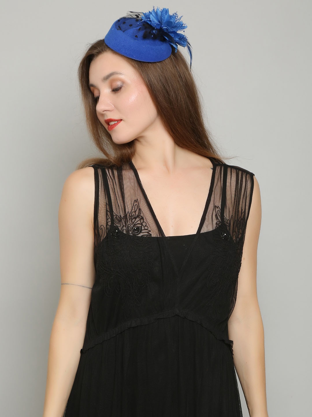 

COLOR STYLE Flower Mesh Ribbons Feathers Fedoras Hat, Blue