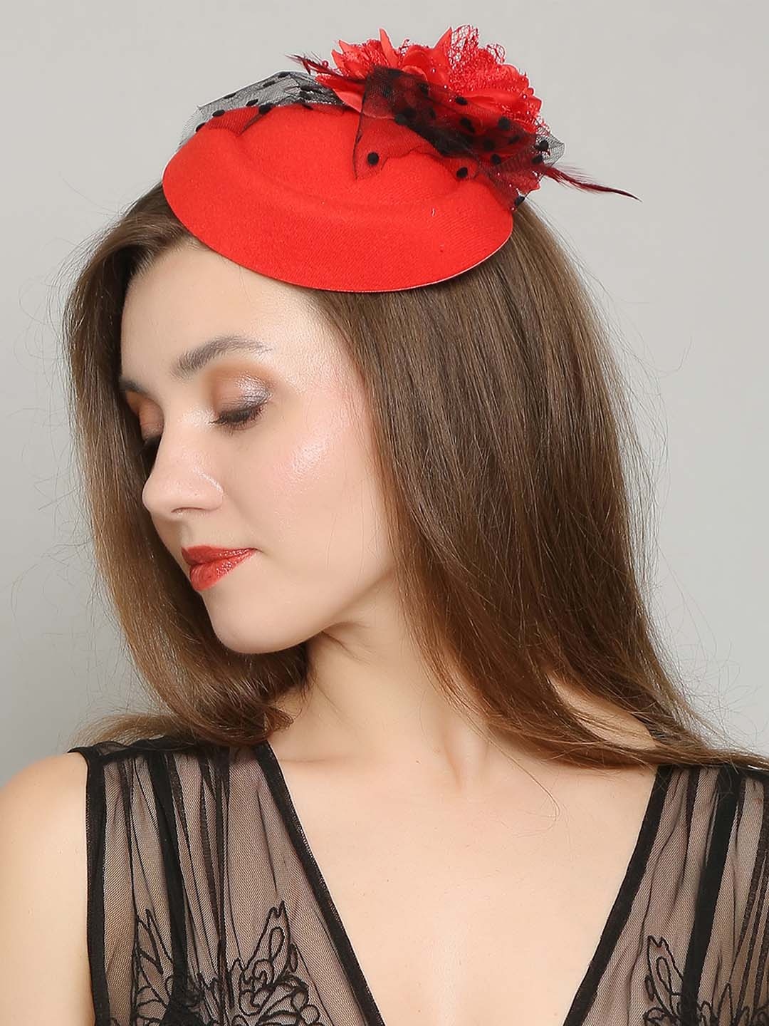 

COLOR STYLE Textured Flower Mesh Ribbons Feathers Fedoras Hat Headband, Red