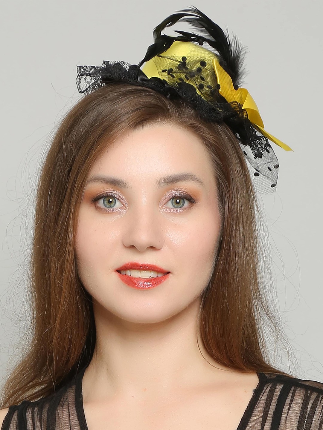 

COLOR STYLE Flower Mesh Ribbons Feathers Fedoras Hat Claw Hair Clip, Yellow