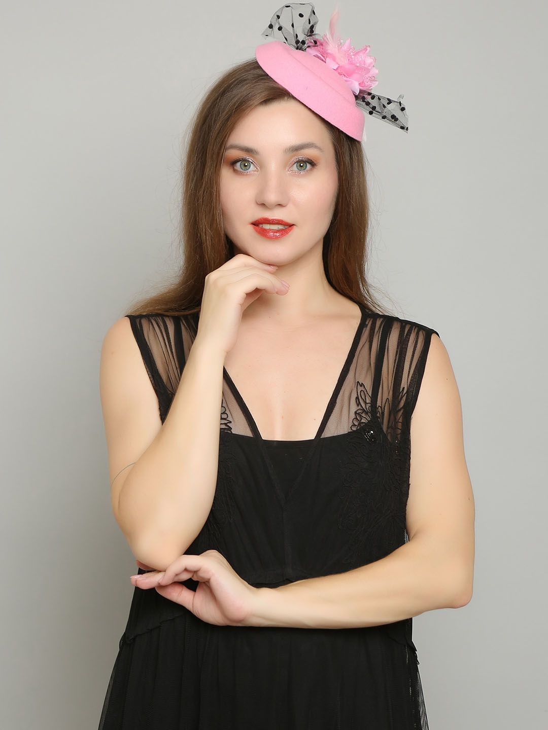 

COLOR STYLE Flower Mesh Ribbons Feathers Fedoras Hat, Pink