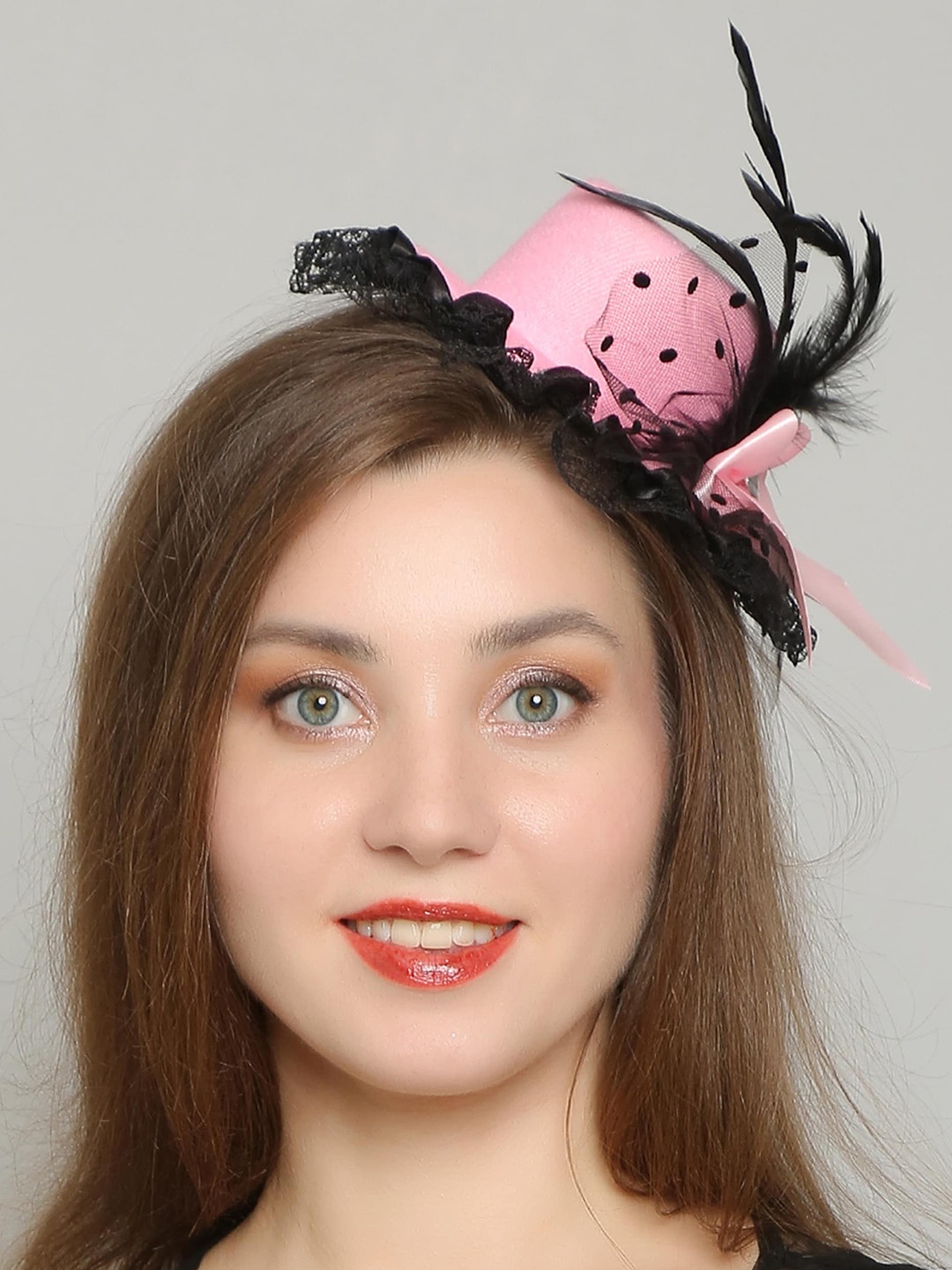 

COLOR STYLE Mesh Flower Ribbons & Feather Detail Fedora Hat Headband, Pink