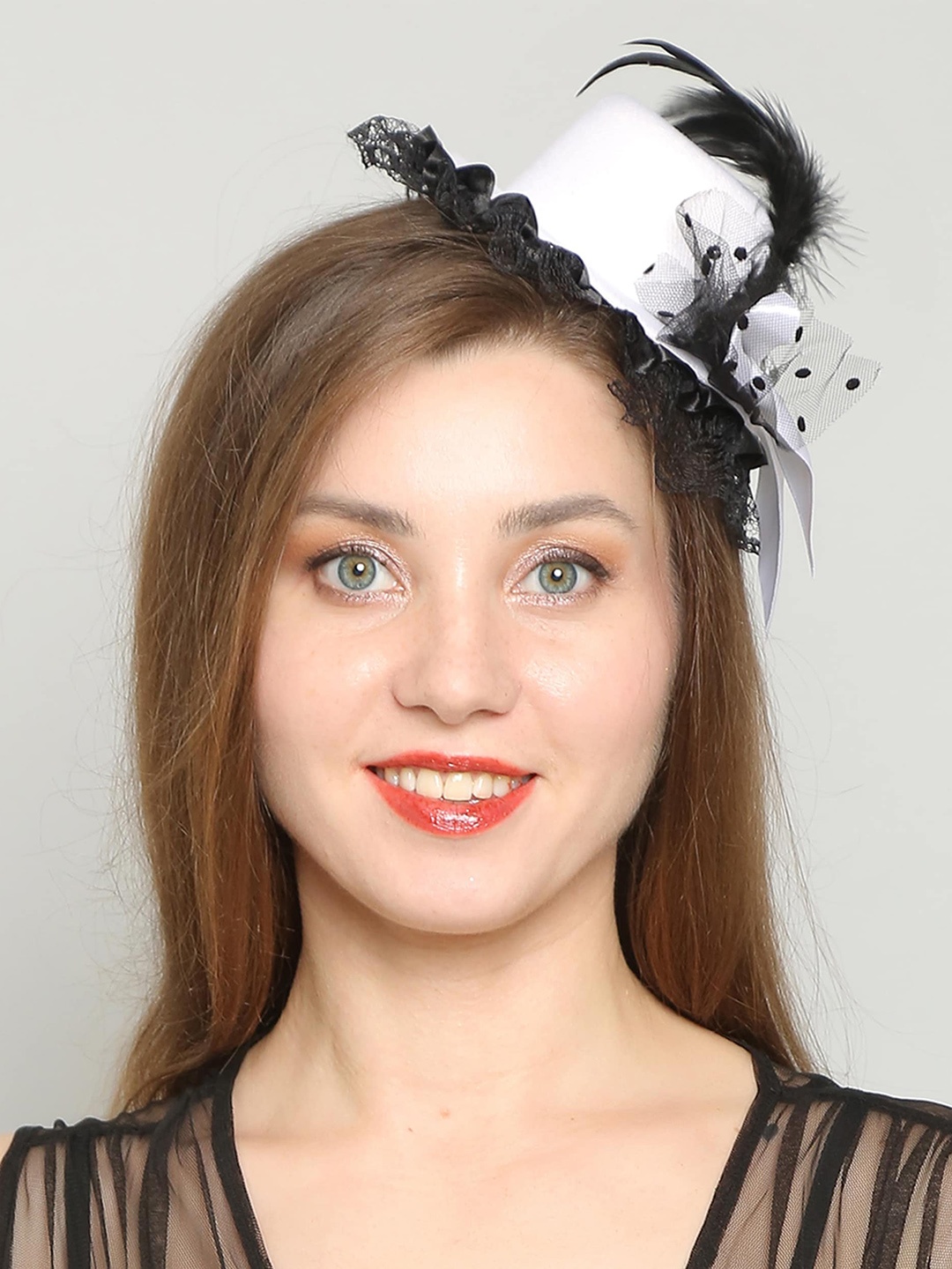 

COLOR STYLE Flower Mesh Ribbons Feathers Fedoras Hat Headband, White