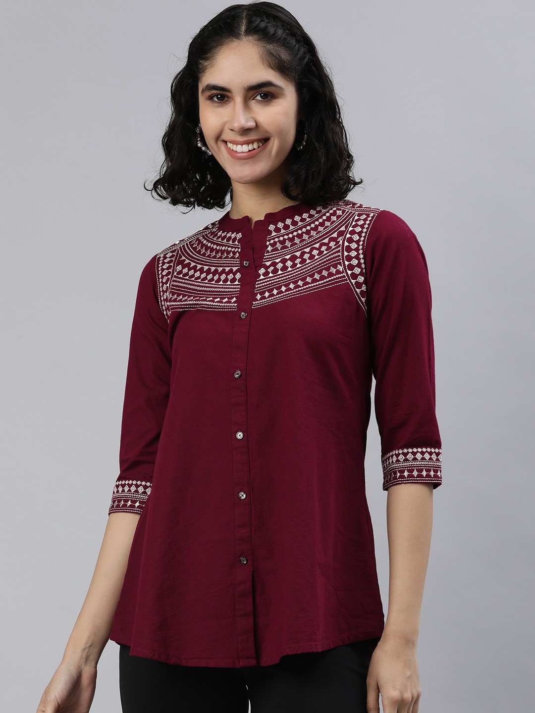 

ETIQUETTE Geometric Yoke Design Pure Cotton Kurti, Maroon