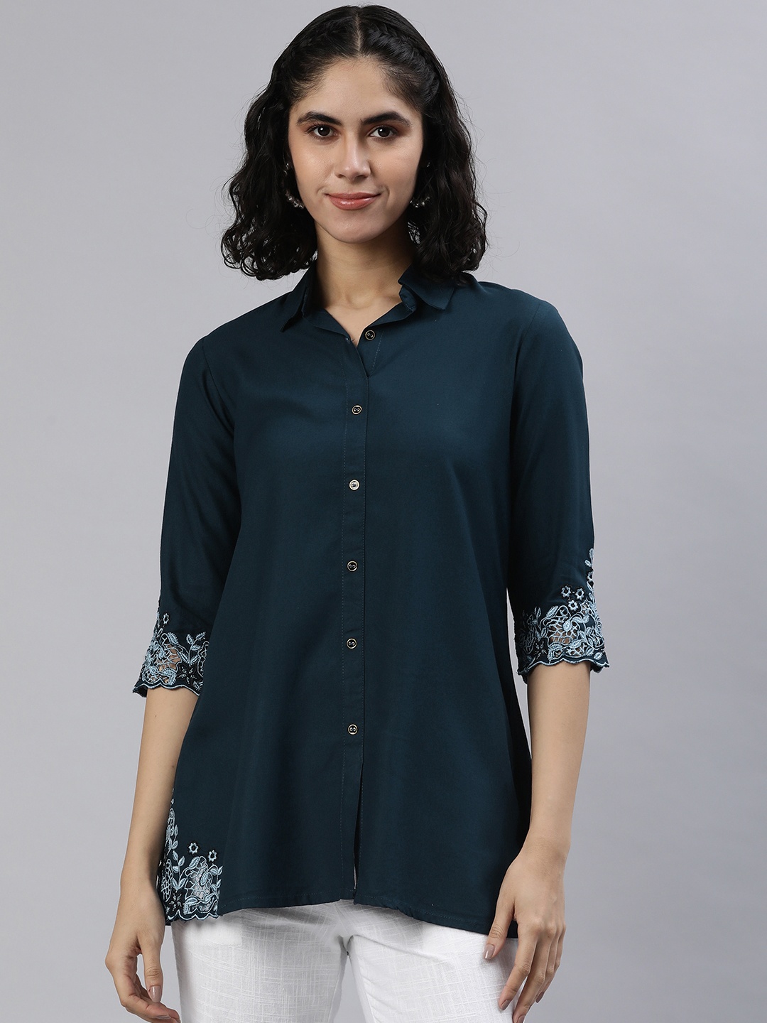 

ETIQUETTE Floral Embroidered Shirt Collar Pure Cotton Kurti, Teal