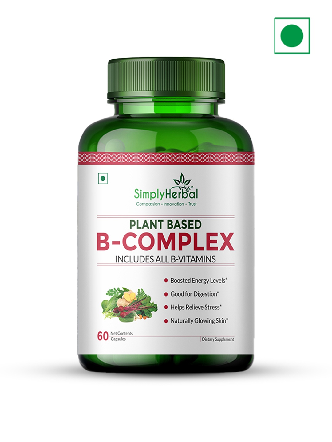 

Simply Herbal Plant Based B-Complex with Vitamin B - 60 Capsules, Green