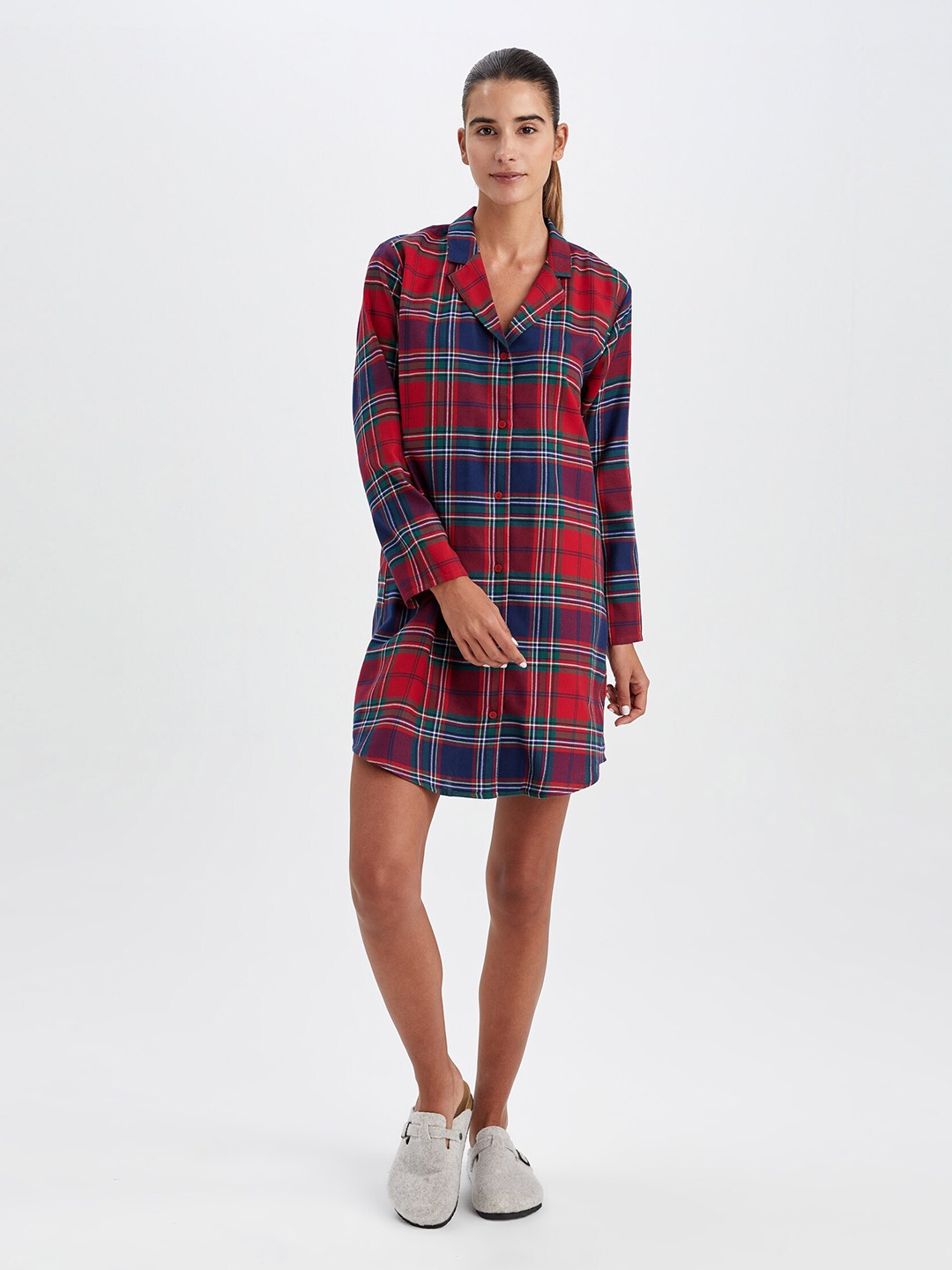 

DeFacto Checked Notched Lapel Collar Pure Cotton Shirt Dress, Red