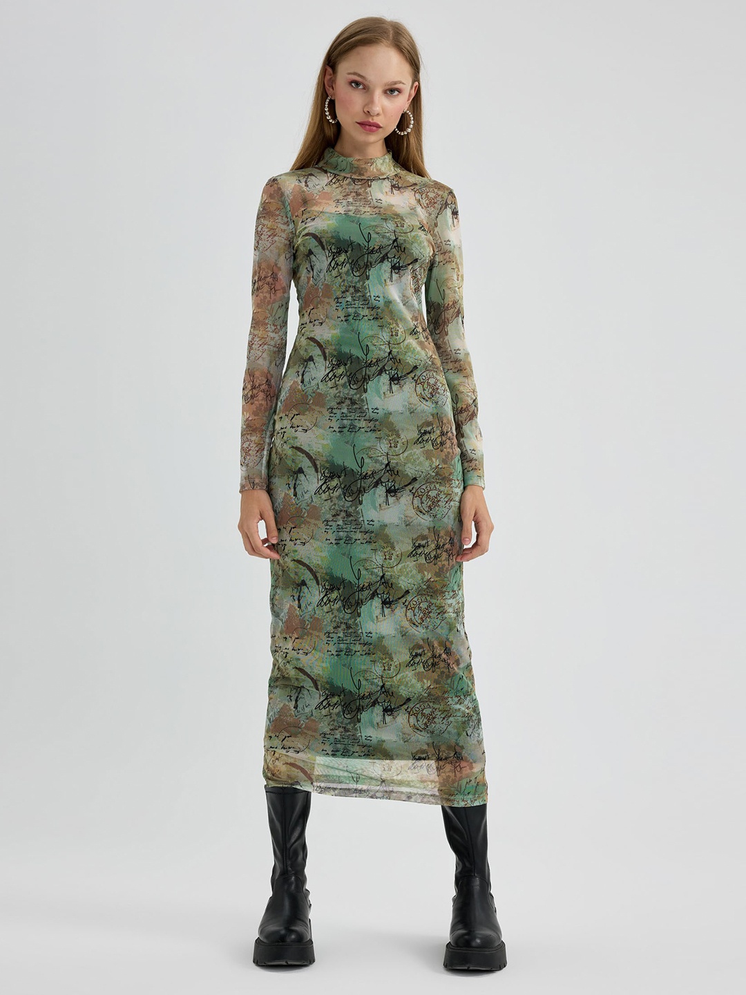 

DeFacto Typography Printed High Neck Sheath Midi Dress, Green