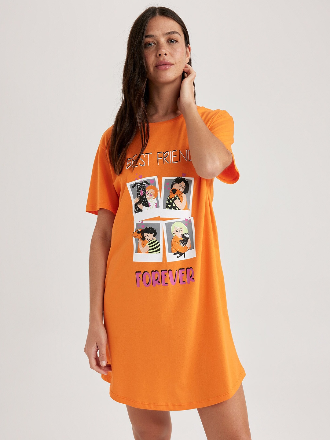 

DeFacto Typography Printed Pure Cotton T-shirt Nightdress, Orange