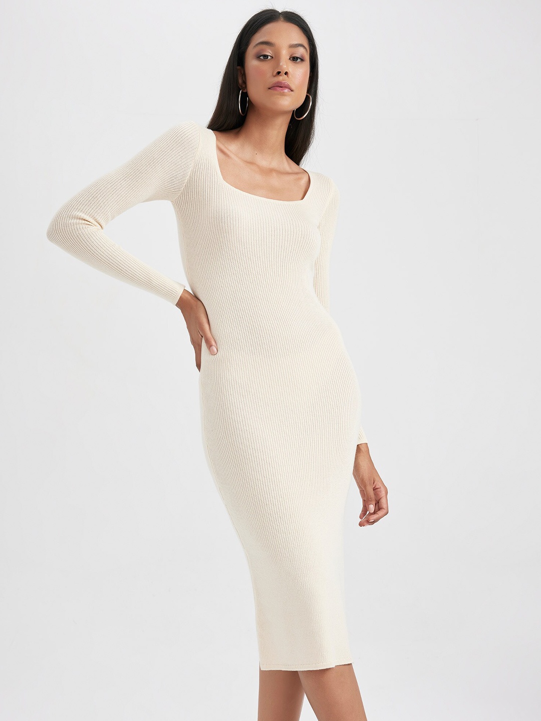 

DeFacto Square Neck Long Sleeves Bodycon Dress, Off white