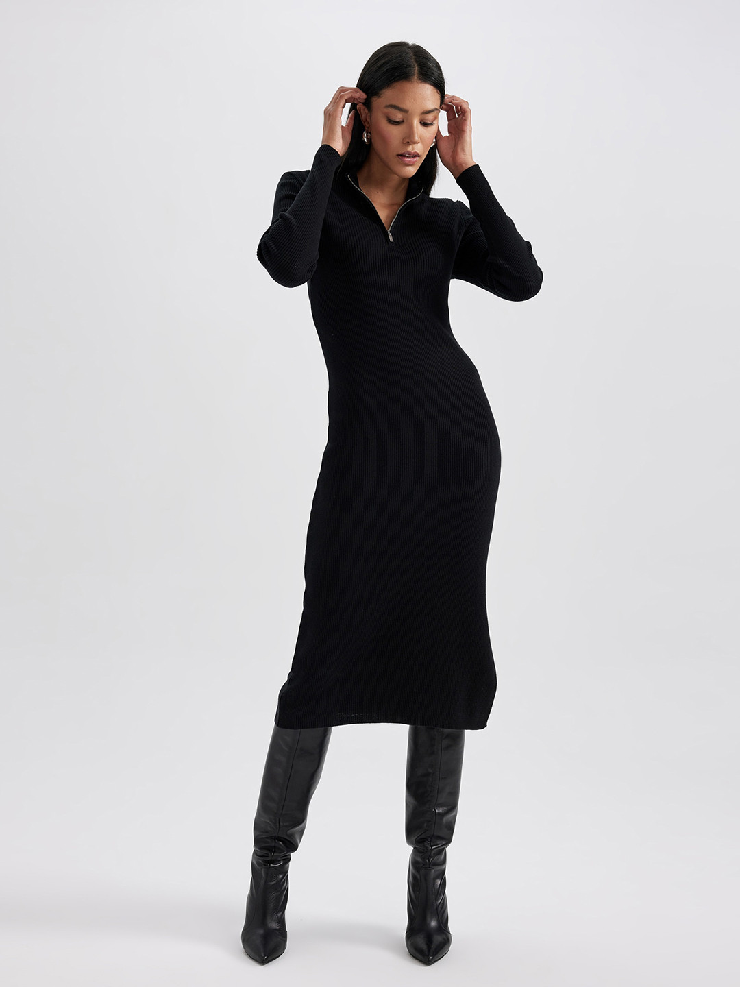 

DeFacto Striped Mock Neck Sheath Midi Dress, Black