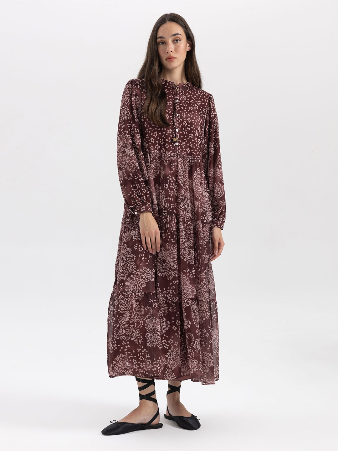 

DeFacto Floral Printed Tie-Up Neck Puff Sleeve A-Line Midi Dress, Brown