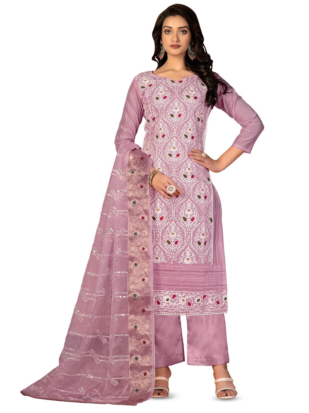 

MANVAA Ethnic Motif Embroidered Unstitched Dress Material, Pink