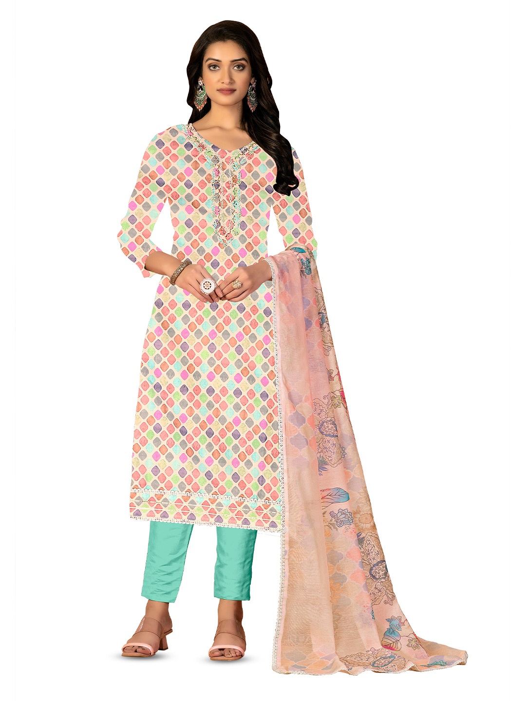 

MANVAA Embroidered Unstitched Dress Material, Beige