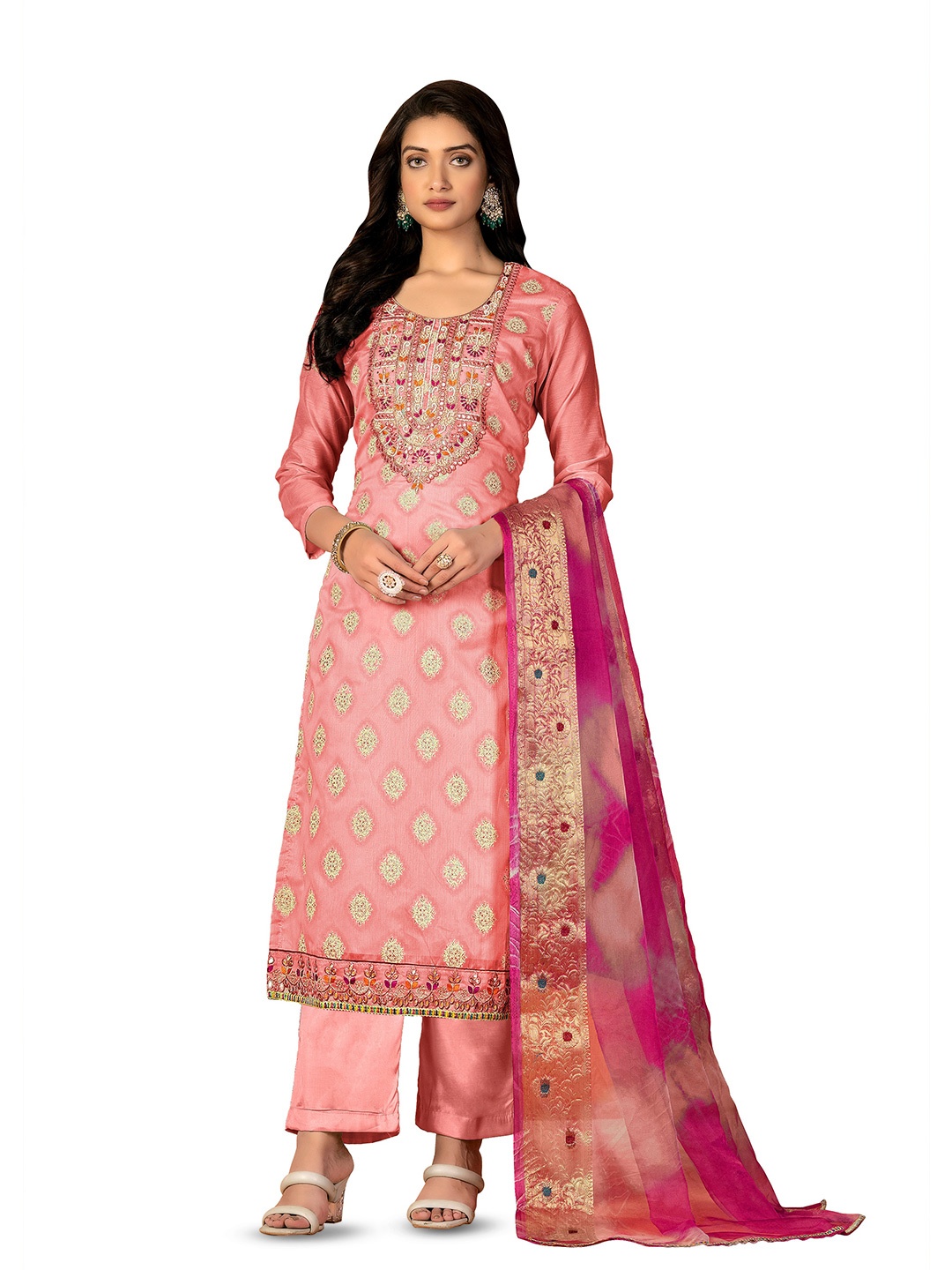 

MANVAA Ethnic Motifs Embroidered Mirror Work Unstitched Dress Material, Pink