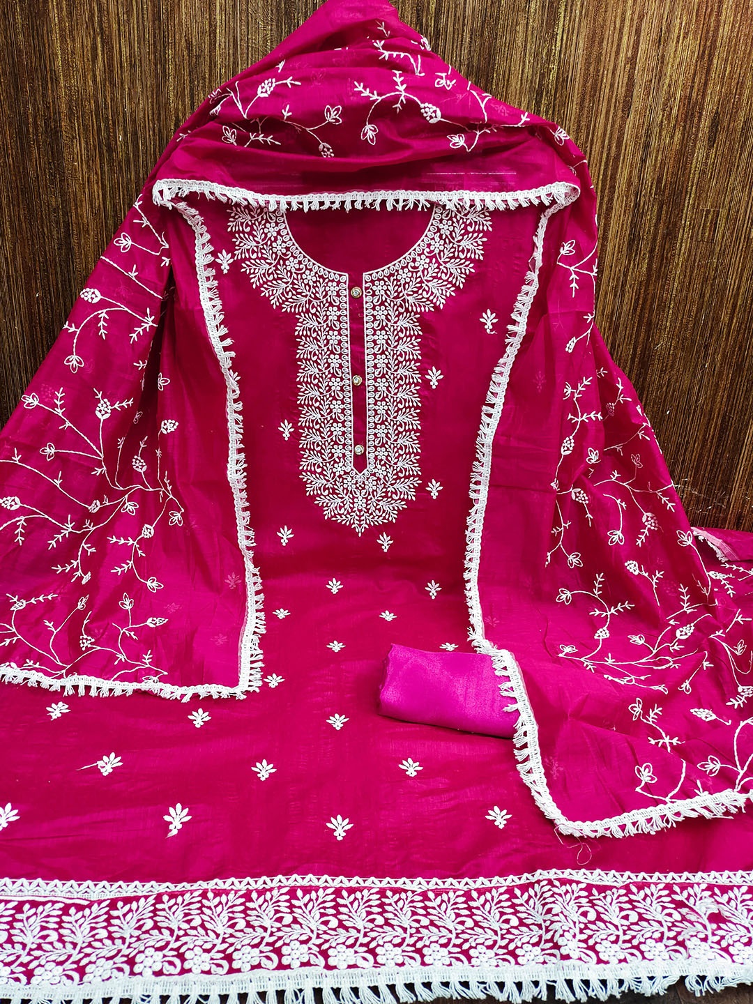 

MANVAA Floral Embroidered Unstitched Dress Material, Pink