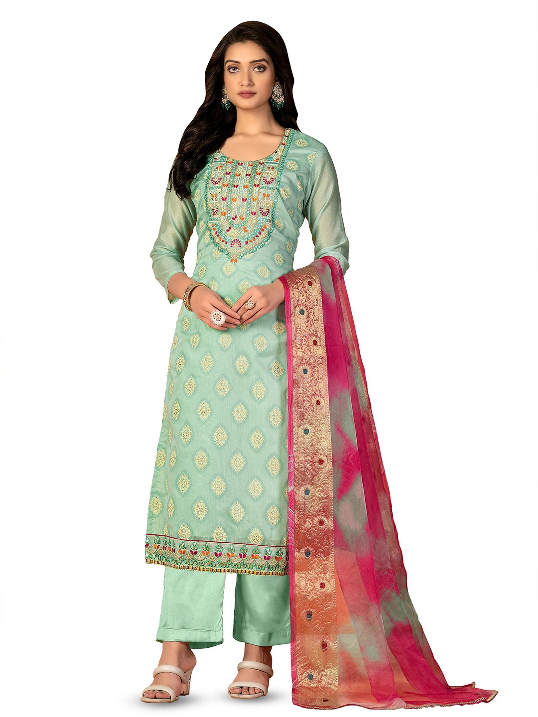 

MANVAA Embroidered Unstitched Dress Material, Sea green