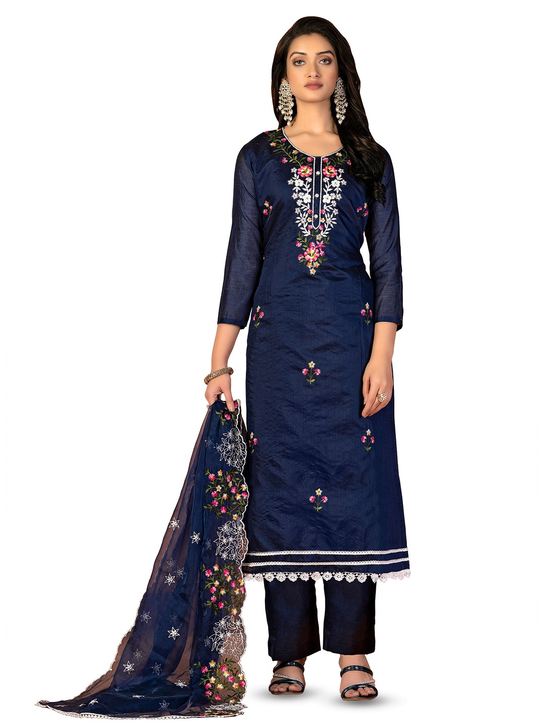 

MANVAA Floral Embroidered Unstitched Dress Material, Blue