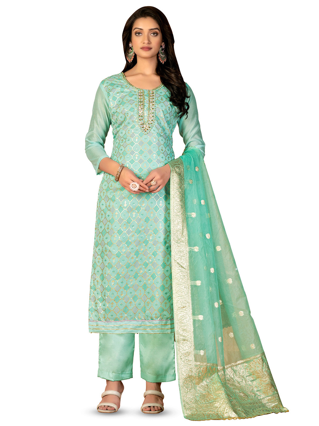 

MANVAA Ethnic Motif Printed Unstitched Dress Material, Sea green
