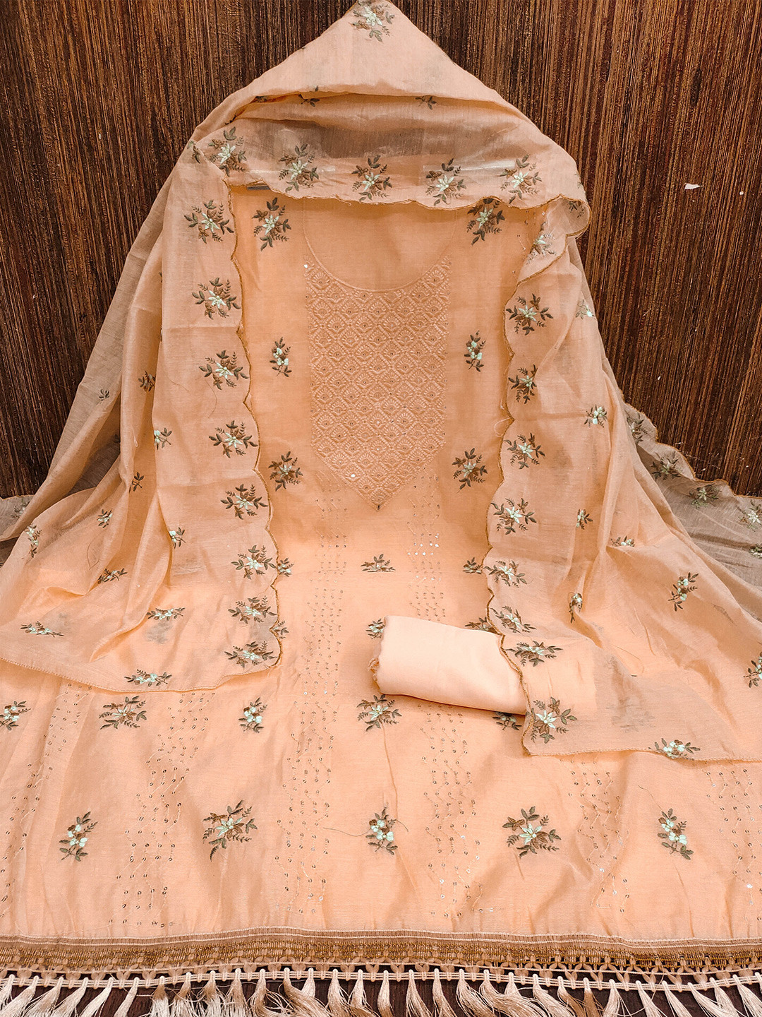 

MANVAA Floral Embroidered Unstitched Dress Material, Peach